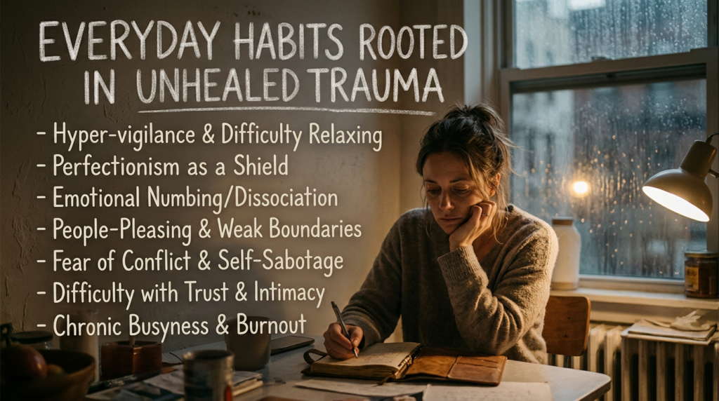 List of everyday habits rooted in unhealed trauma alongside a woman writing in a journal